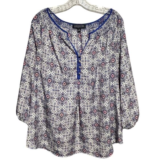 JONES NEW YORK Signature Woman Top 1X Boho Blouse Printed Peasant Popover - Picture 1 of 7